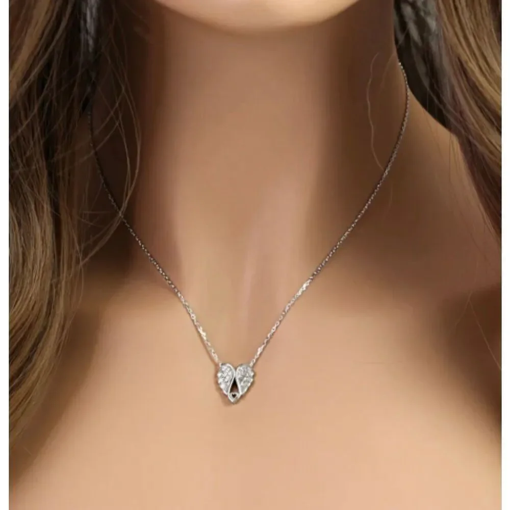 Sterling Silver Angel Wings Heart Necklace • 925 Guardian Wing Pendant